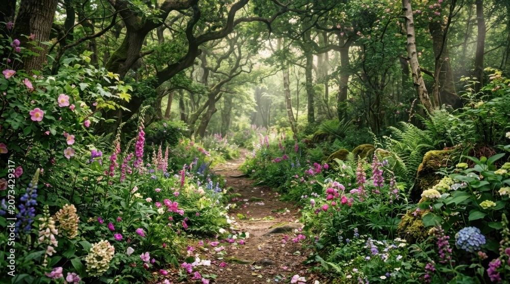 Naklejka premium Magical forest path with flowers, botanical bloom and petals nature garden decoration, scenic outdoor landscape, high quality