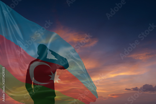 Canvas Print Silhouette of military mans and National flag of Azerbaijan