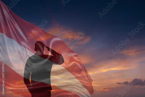 Fotografie Silhouette of military mans and National flag of Austria