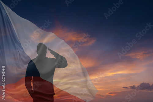 Canvas Print Silhouette of military mans and National flag of Czech