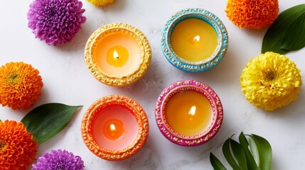Decorative diyas on a white surface with floral border for deepavali celebration