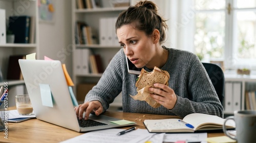 Stressed woman eating sandwich while working at laptop and talking on phone. Multitasking employee in office with deadline pressure. Busy lifestyle and professional work environment.