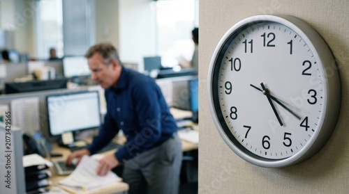 Wall clock in office with busy man working in background. Deadline and pressure concept. Caucasian male employee working at desk during business hour. Corporate time management strategy.