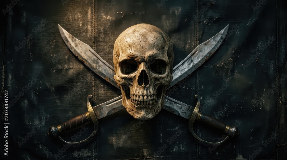 Fototapeta premium Pirate skull with crossed silver swords emblem on a dark textured background, classic maritime jolly roger symbol for adventure
