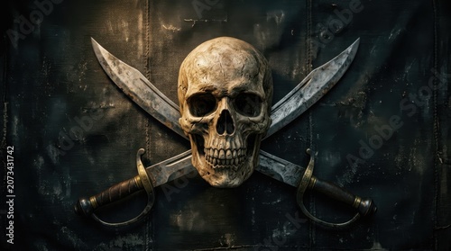 Pirate skull with crossed silver swords emblem on a dark textured background, classic maritime jolly roger symbol for adventure