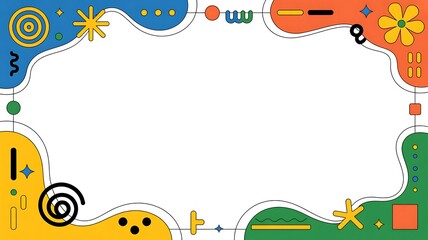 Colorful abstract frame border, wavy shapes, yellow, orange, green, blue decorative elements, fun playful design