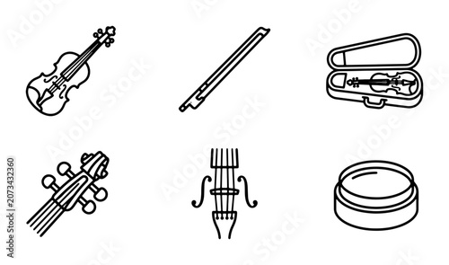 Violin Icon Set, String Instrument Vector Graphics, Music Accessories Collection
