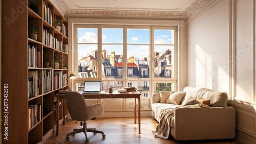 Cozy Paris home office with Eiffel Tower view and bookshelves, backdrop, virtual meeting background, ms teams background, zoom meeting backdrop, digital meeting background