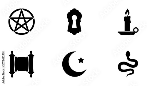 Mystical Symbols Vector Icons: Pentagram, Keyhole, Candle, Scroll, Crescent Moon, Snake