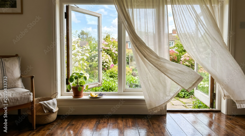 Fototapeta premium Open window with blowing curtain overlooking garden. Sunny room interior with houseplant and chair. Peaceful morning atmosphere in home, spring season freshness and relaxing view.