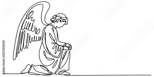 Cuadro en lienzo Continuous single line drawing of a kneeling angel with large wings praying in a