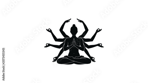 Obraz na plátně Black silhouette of a multi-armed figure in a meditative lotus pose, representing spirituality, yoga, and Hindu deity iconography