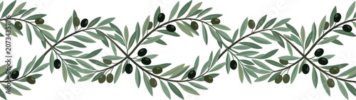 Cuadro en lienzo Seamless olive branch vector border pattern with green leaves and black olives f