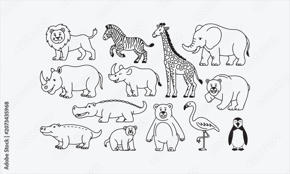 Obraz premium Outline cartoon isolated Savannah African American forest animals vector illustration