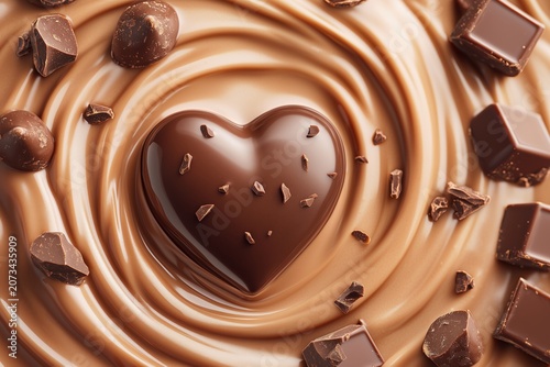 Glossy chocolate heart on swirling liquid milk chocolate wave background