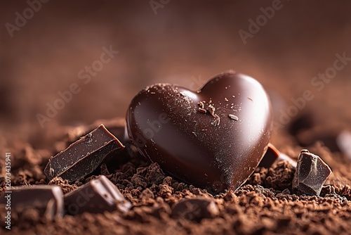 Glossy dark chocolate heart with broken chunks on cocoa powder background