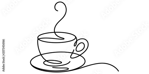 Fotografie Continuous single line drawing of a steaming coffee cup on a saucer Vector, illu