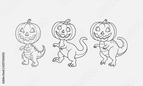 Playful cartoon dinosaur character with a pumpkin head. vector illustration
