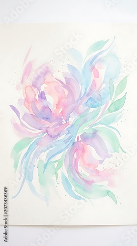 Pastel watercolor painting of abstract flowers in pink, blue, green