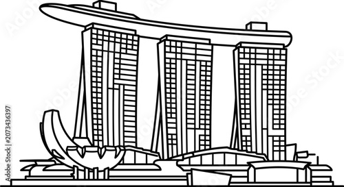 A black and white line drawing of a modern city skyline
