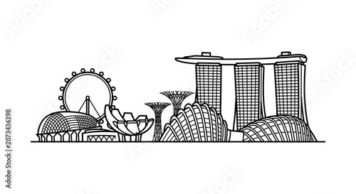 A minimalist black and white line drawing of a modern city