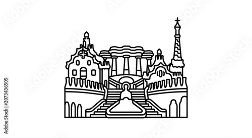 A simple black line drawing of a classic ornate city park