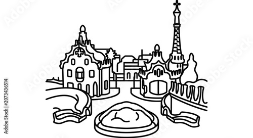 A black and white line drawing of a fantasy city park