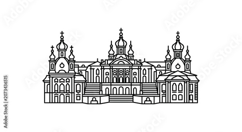A simple black line drawing of a grand historic building structure