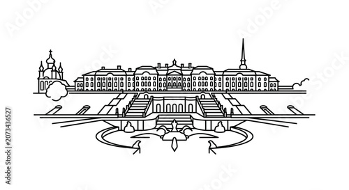 A simple black line drawing of a grand historic estate building