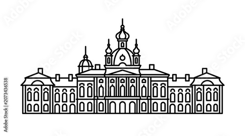 A simple black line drawing of a grand historic palace building