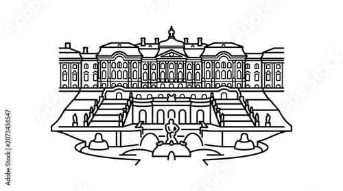 A black and white line drawing of a grand historic palace