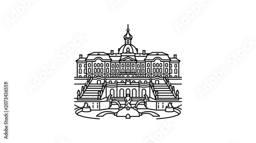 A simple black line drawing of a grand historic estate building