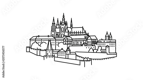 A simple black line drawing of a historic medieval castle complex
