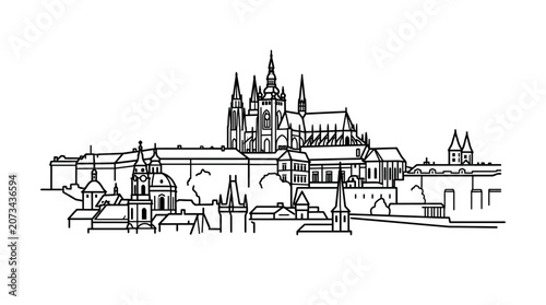 A detailed line drawing of a historic medieval castle complex