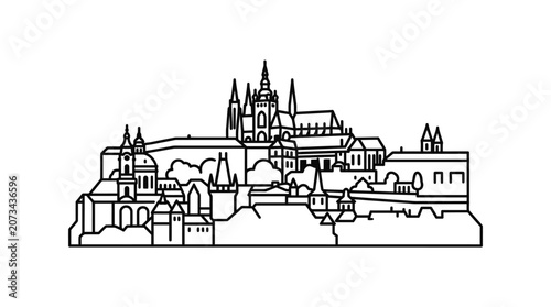 A simple black line drawing of a classic medieval castle skyline