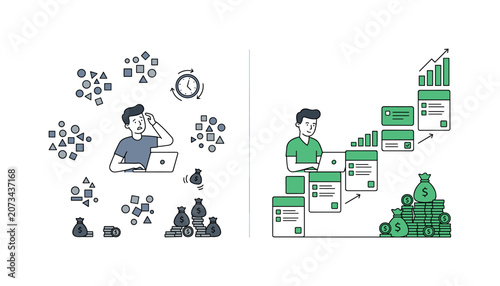 Split scene showing left side unstable freelancing with scattered tasks and inconsistent income, right side successful freelancing
