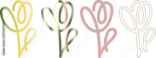 Abstract Tulip Flower Line Art Set with Gradient Green Gold Pink and Outline Style on White Background
