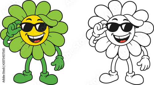 Cool Retro Cartoon Flower Character Wearing Sunglasses Smiling with Colored and Outline Version

