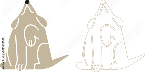 Cute Minimalist Sitting Dog Line Art Illustration with Beige Filled and Outline Version on White Background

