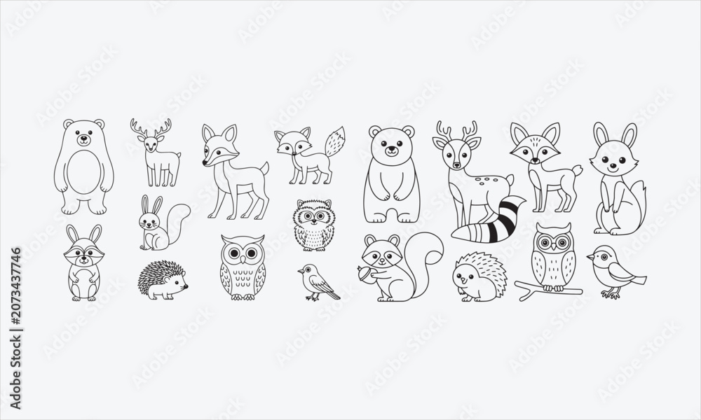 Fototapeta premium Vector set of animals in a linear style. Illustrations for creating line art icon set vector illustration