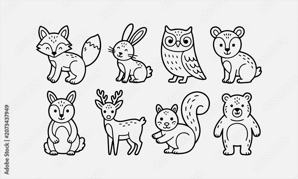 Fototapeta premium Woodland Animals doodle icon set. Fauna Vector illustration