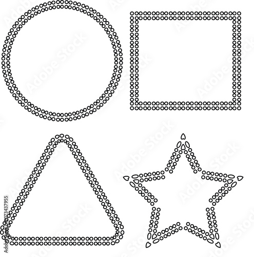 Geometric beaded frames set with circle, square, triangle, and star shapes isolated on white background