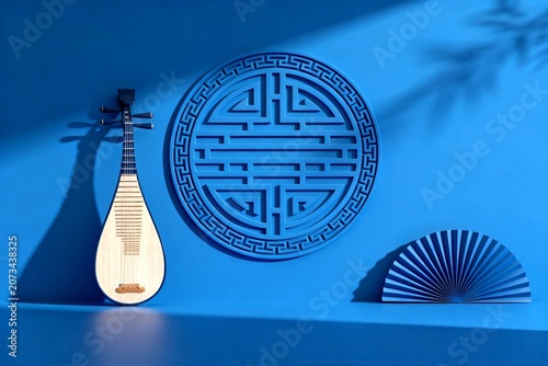 Chinese Cultural Background with Pipa and Auspicious Design