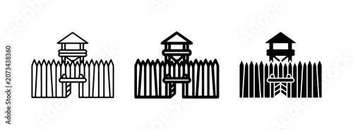 Bild auf Leinwand Fortification Icons, Stockade Defense, Guard Tower Vector Set