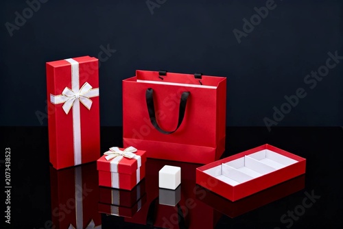 Red Gift Boxes and Bag with White Ribbon on Black Surface