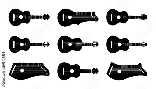Konstfotografi Guitar and Zither Icons, Musical Instruments Vector Set, Black Silhouette Collec