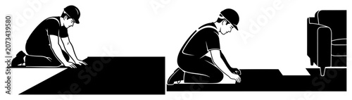 Fotografía Professional floor installers silhouette laying carpet or vinyl flooring, constr