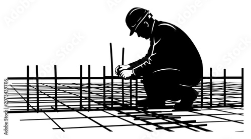 Foto Construction worker installing rebar reinforcement silhouette, professional stee
