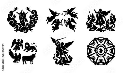 Foto Christian Religious Icons, Angelic Scenes, Biblical Symbols, Vector Art Set