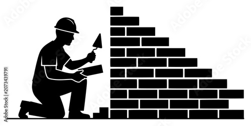 Canvastavla Professional mason building brick wall silhouette, bricklayer at construction si